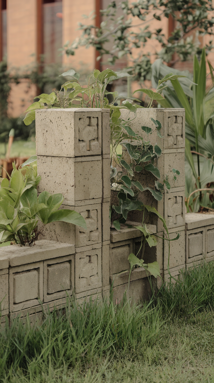 A concrete block garden wall with plants growing on it.