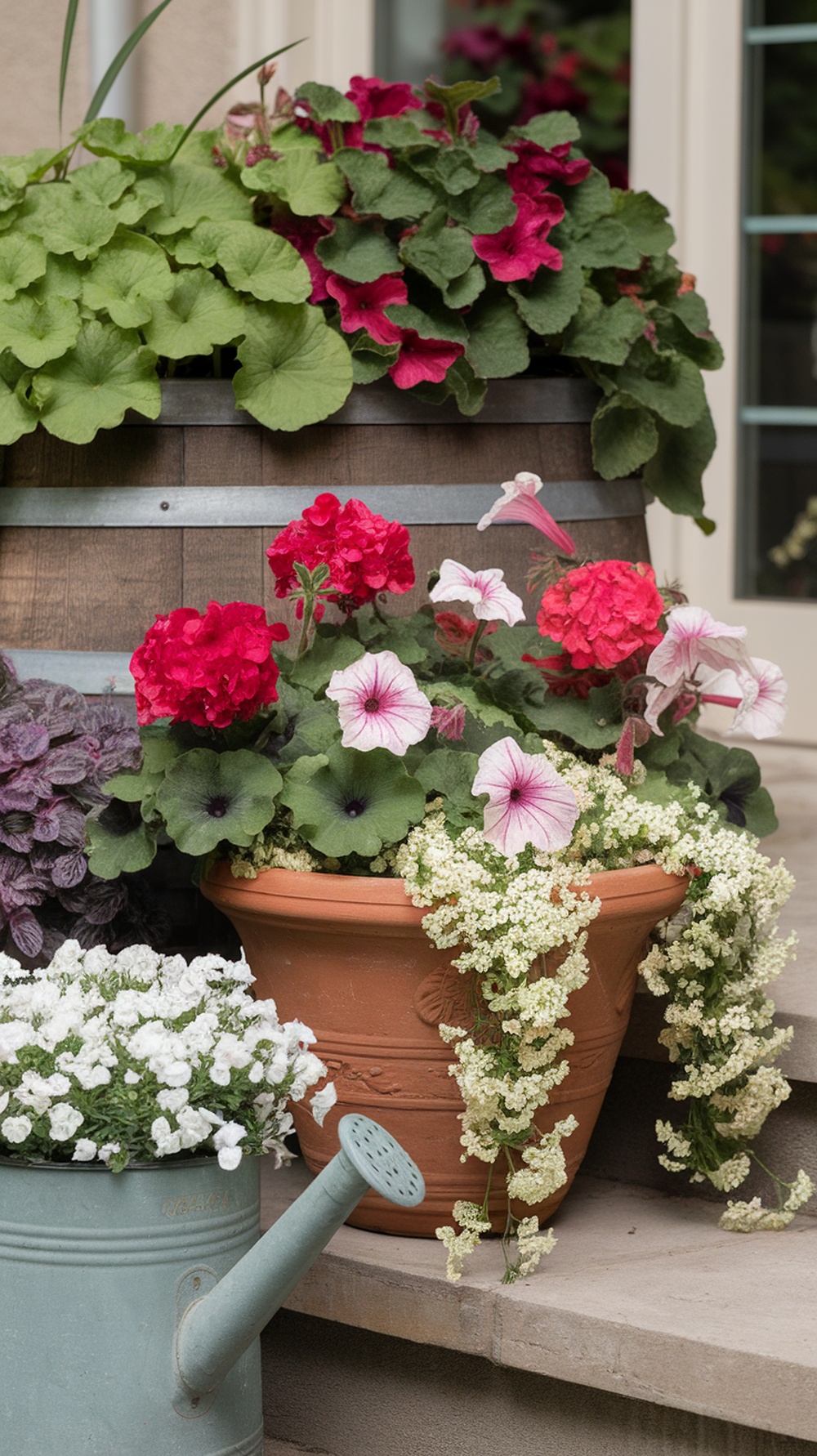 A vibrant flower garden in containers featuring geraniums, petunias, and cascading white flowers.