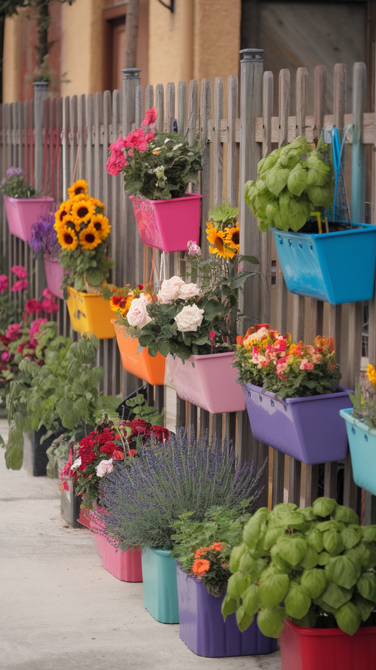 Colorful containers filled with flowers and herbs arranged along a wooden fence.