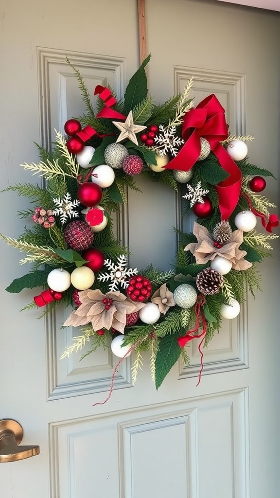 A colorful wreath with red, white, and silver ornaments, accented with greens and a large red bow.