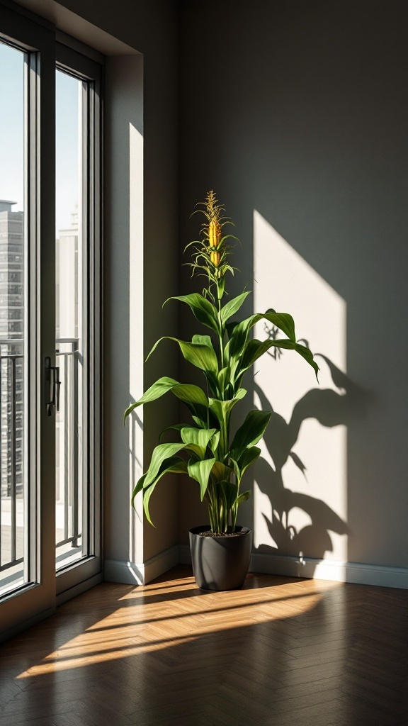 A corn plant in a modern apartment corner, basking in soft sunlight.