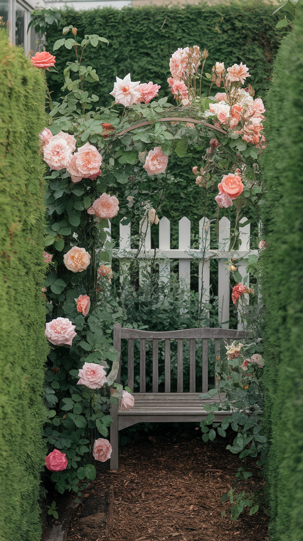 A corner garden with climbing roses around a wooden bench.