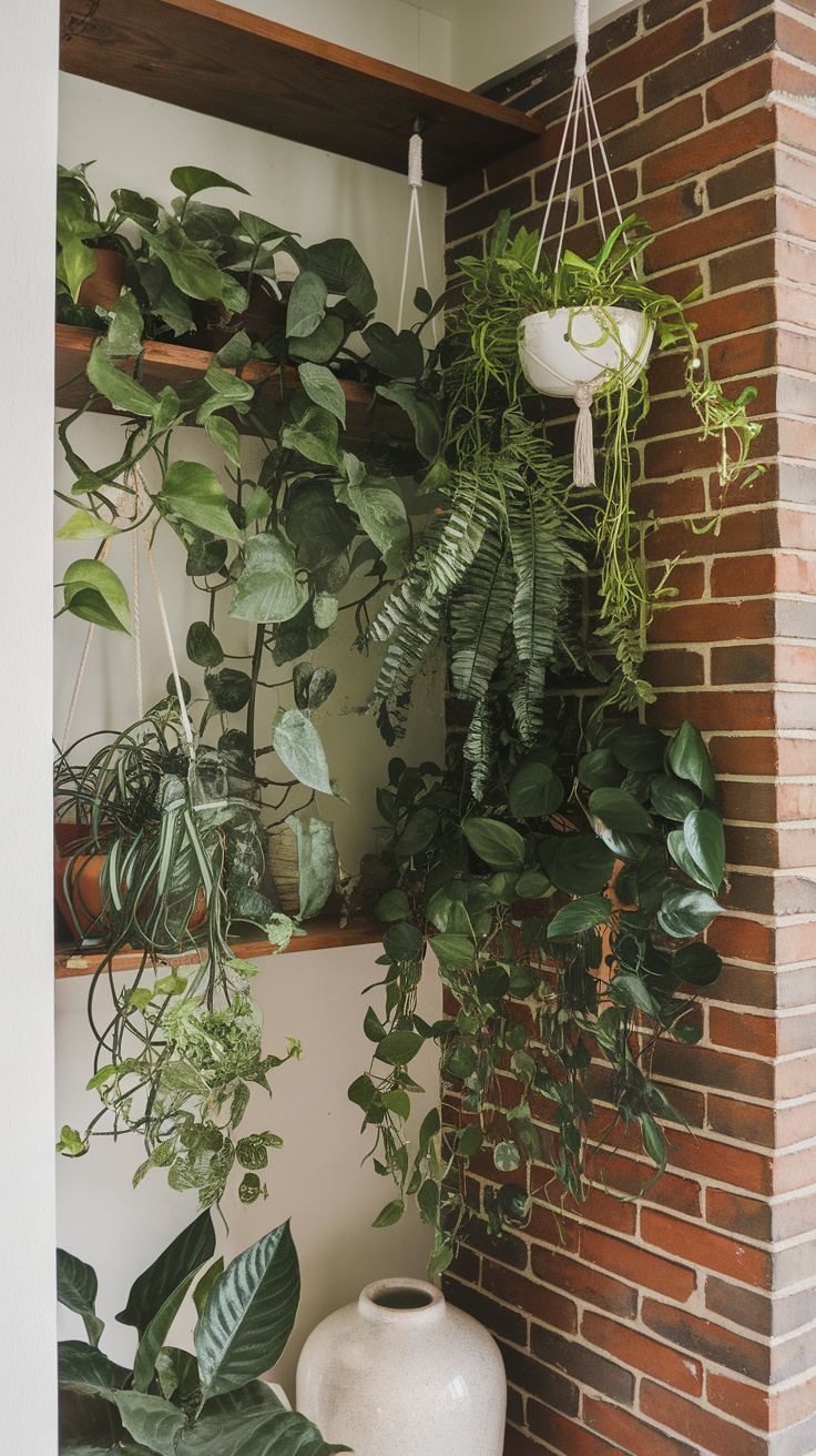 A cozy indoor corner featuring a variety of hanging plants and greenery on shelves.