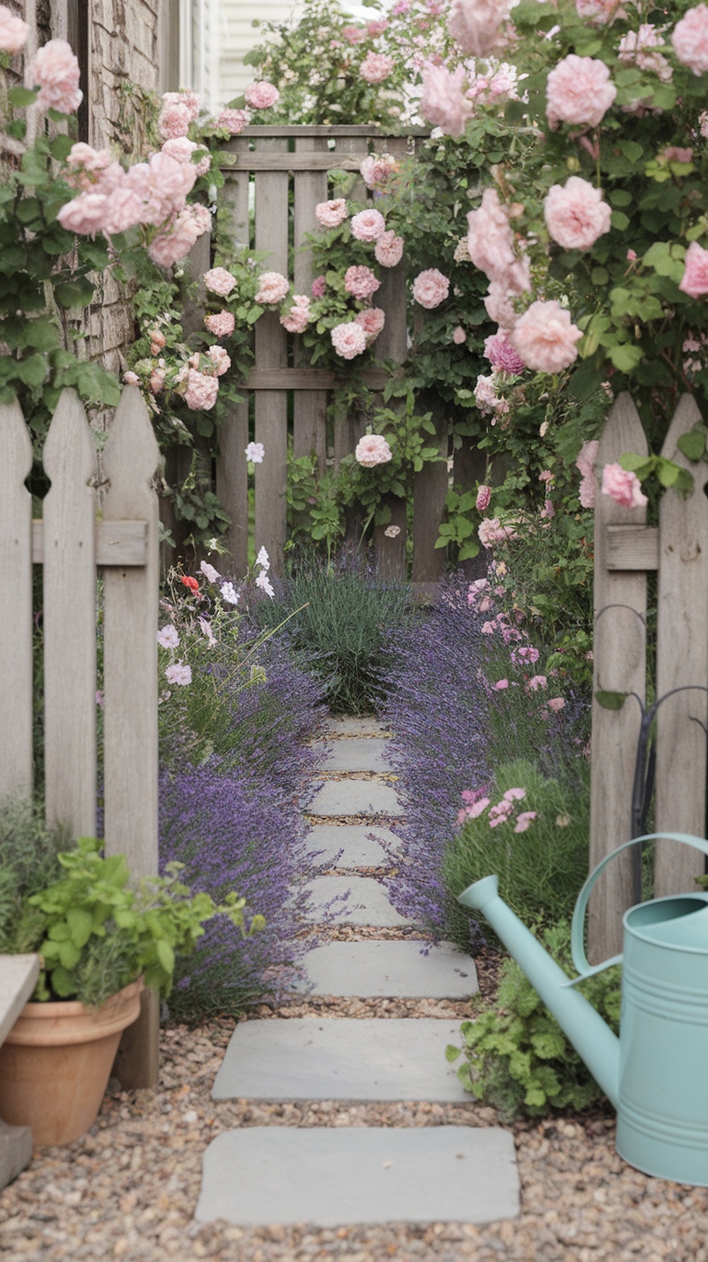 A beautiful cottage garden with pink roses, lavender, and a stone pathway.