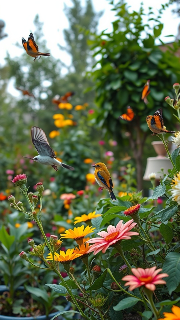 A colorful cottage garden with butterflies and birds among blooming flowers.