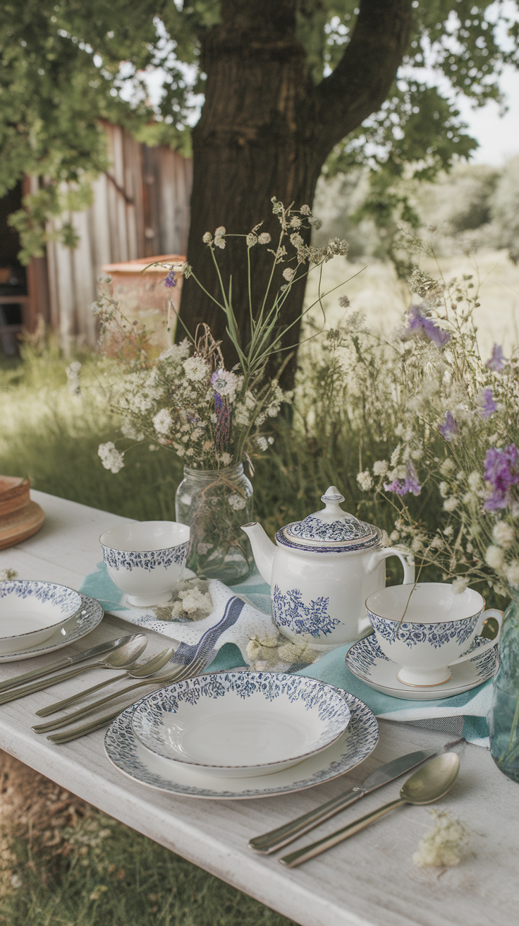 A rustic outdoor table set with delicate china and fresh flowers.