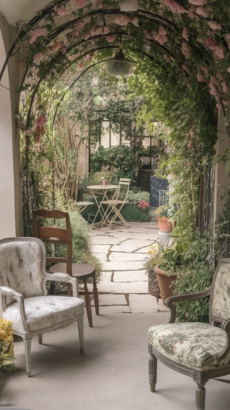 A cozy cottagecore patio with a floral arch and vintage seating.