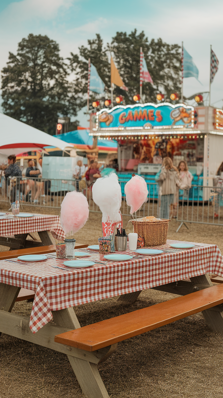 A picnic table at a country fair decorated with cotton candy and a checkered tablecloth.