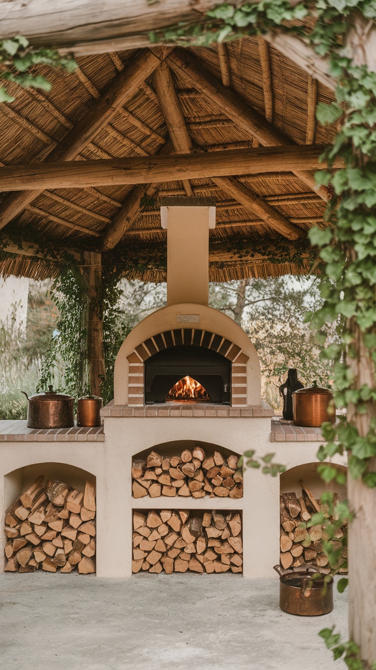 A rustic outdoor kitchen featuring a wood-fired pizza oven, surrounded by stacked wood and greenery.