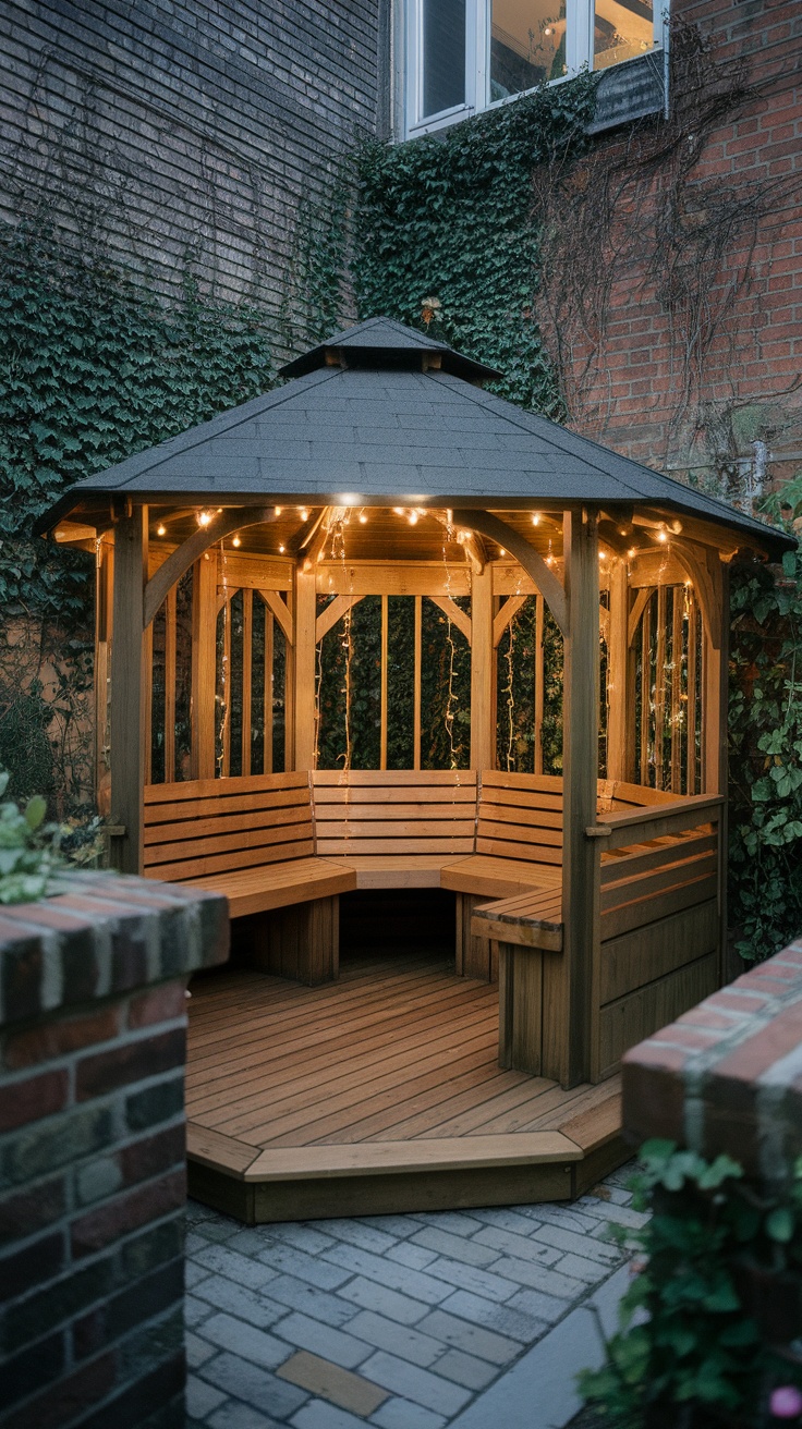 A charming gazebo with wooden seating and string lights, surrounded by greenery.