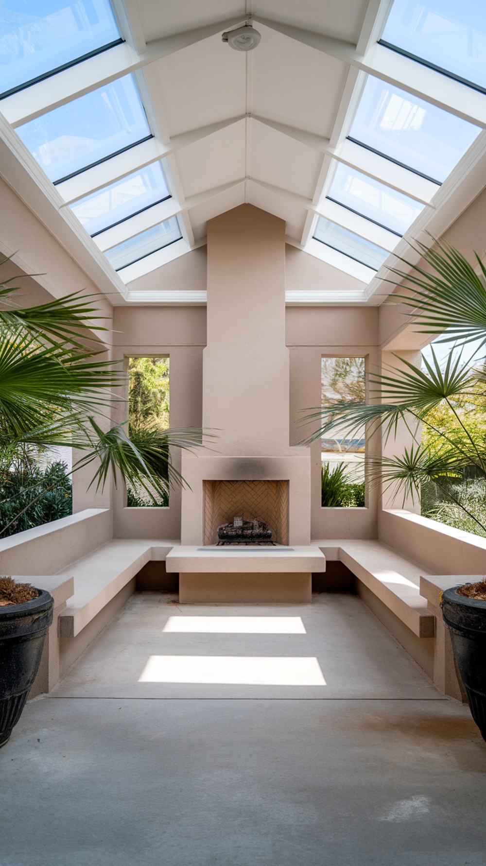 A cozy covered patio featuring a fireplace, skylights, and surrounding greenery.