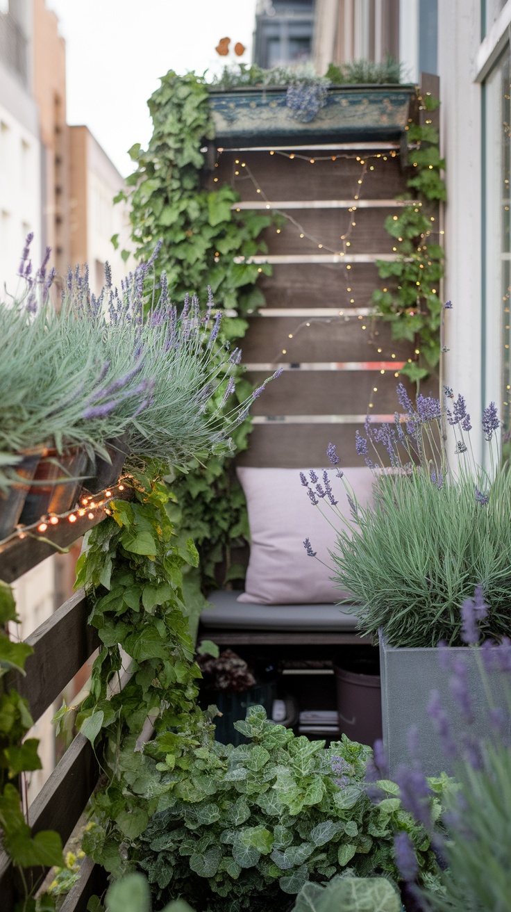 A cozy balcony garden with lavender plants, green vines, and soft cushions, decorated with fairy lights.