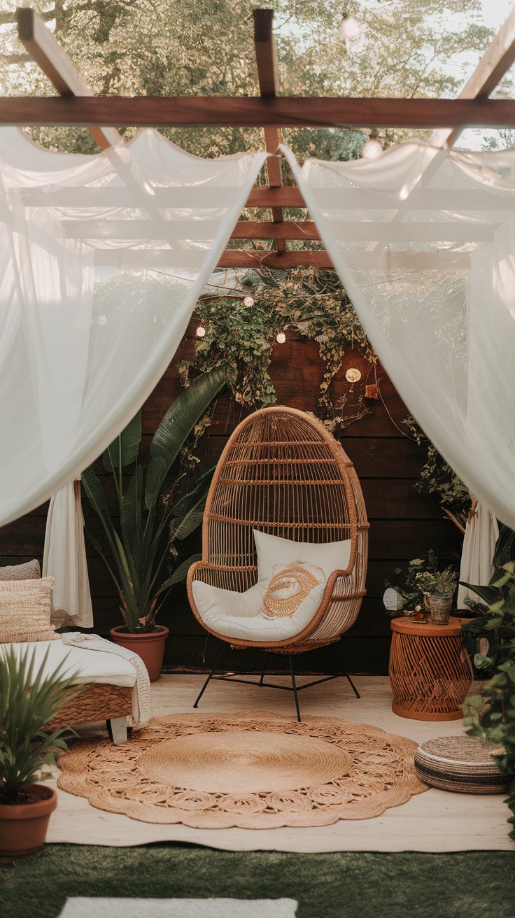 A cozy boho pergola retreat featuring a hanging chair, soft drapes, and plants.