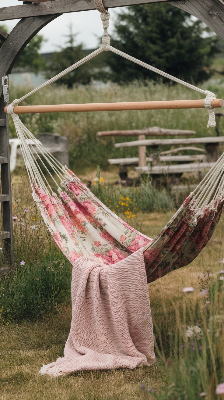 A cozy hammock in a backyard with floral patterns and a pink knitted blanket, surrounded by grass and flowers.