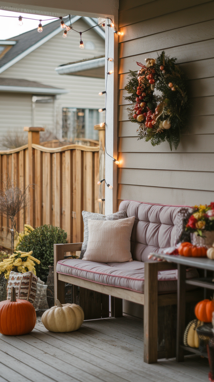 Cozy outdoor nook decorated for the holidays with pumpkins and soft lighting