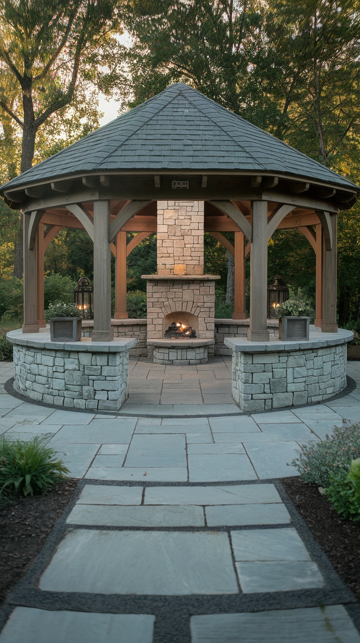 Cozy patio gazebo with a stone fireplace surrounded by greenery.