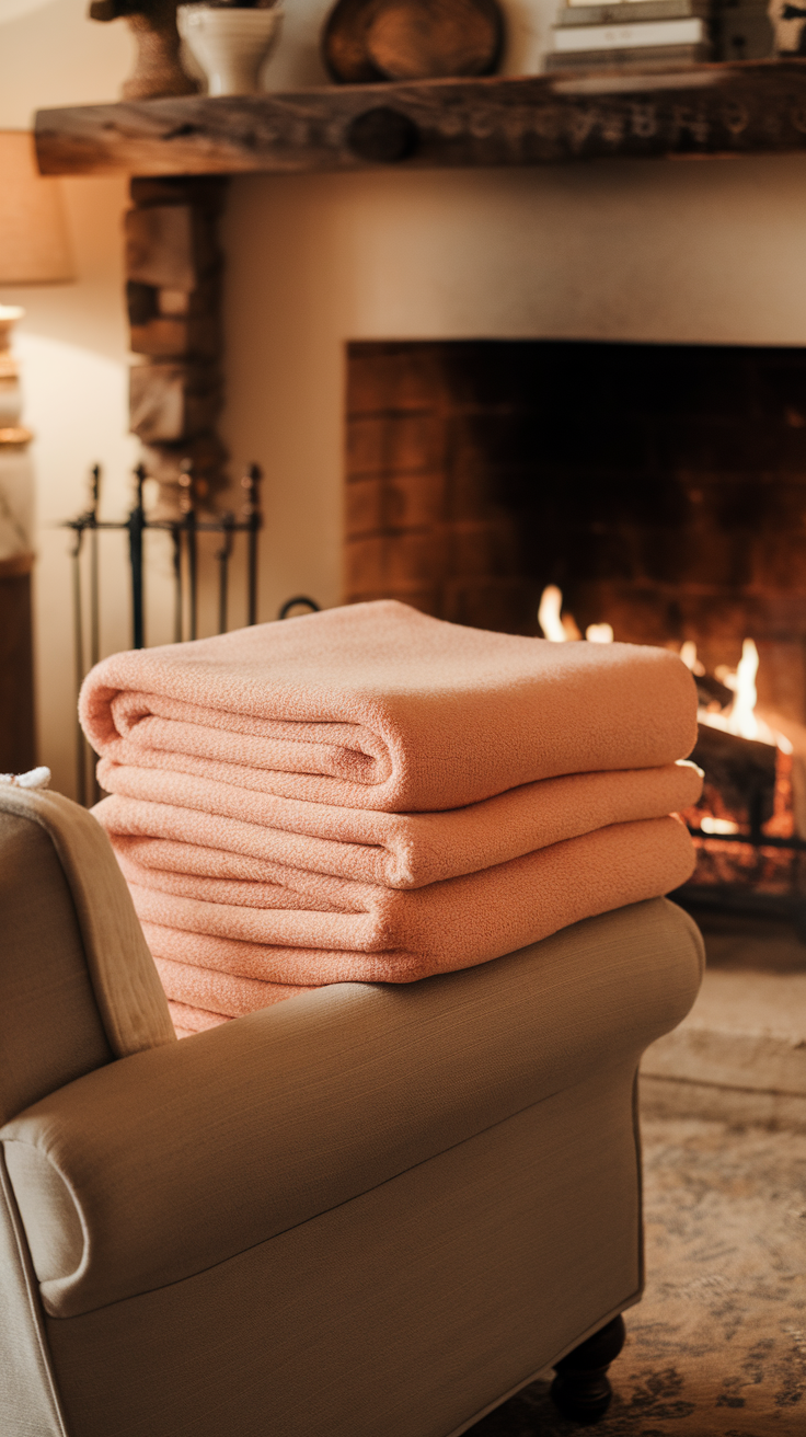 A stack of cozy peach fuzz blankets on a chair near a fireplace