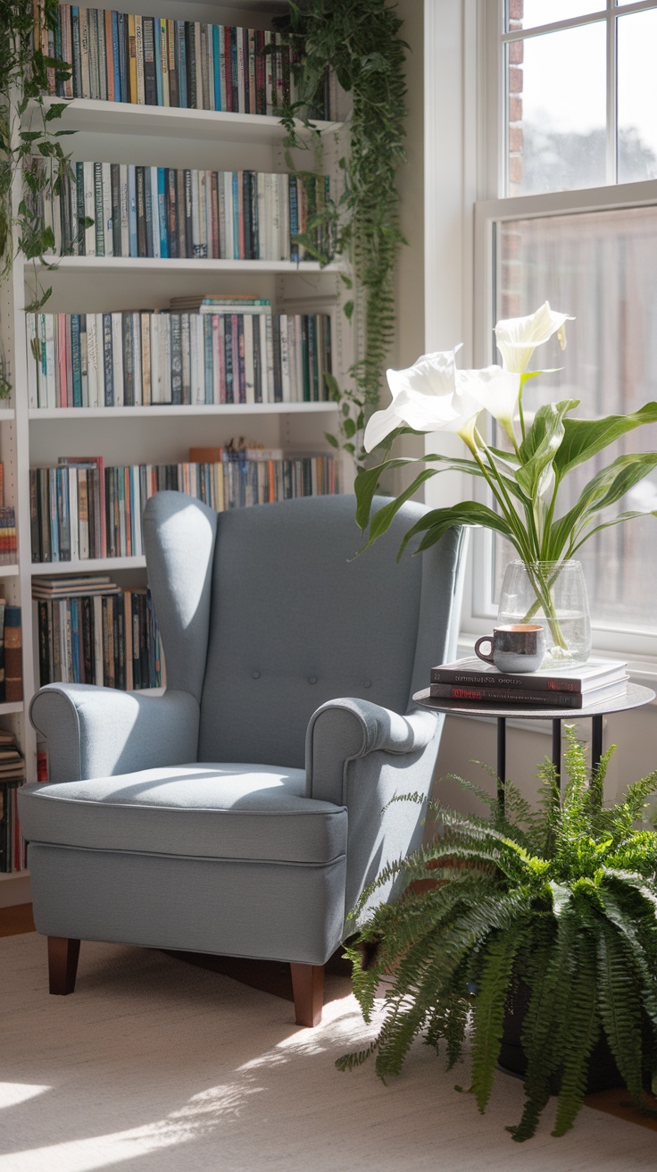 A cozy reading nook featuring a blue wingback chair, a small side table with a coffee cup and books, and lush green ferns.