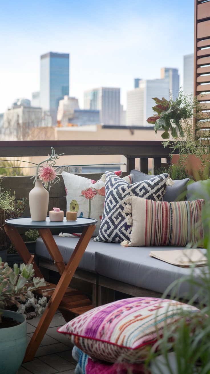 A cozy balcony seating area with colorful bohemian pillows and a city skyline view.