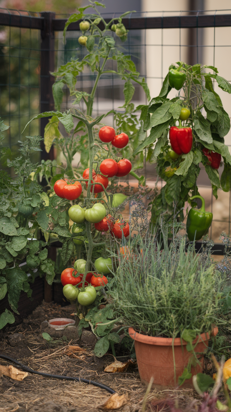 A vibrant corner vegetable garden with tomato plants and peppers.