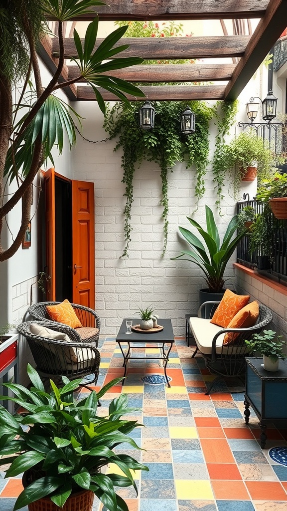 Cozy patio with mosaic tiles, plants, and seating