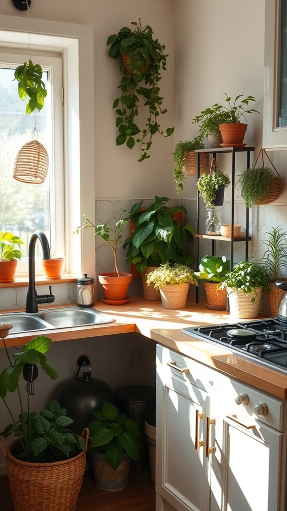 A cozy kitchen nook with various potted plants and herbs on shelves and the countertop.