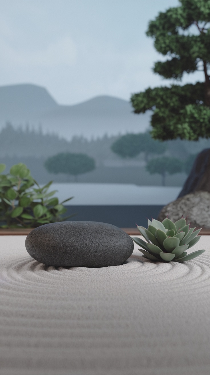 Miniature Zen garden featuring a black river rock and a succulent on sand with a blurred background of trees and mountains.