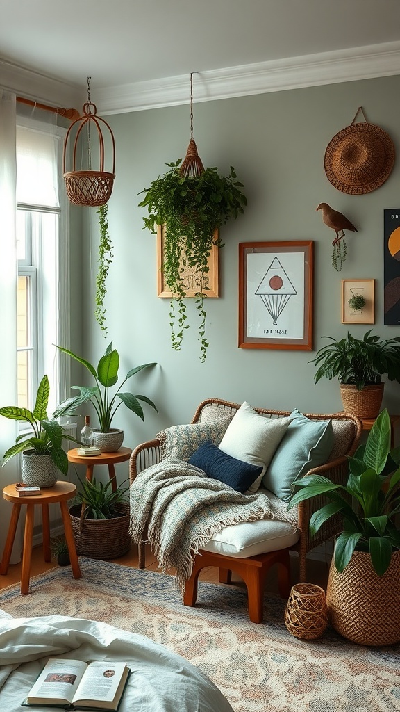 A cozy reading nook with plants, featuring a comfortable chair and decorative elements.