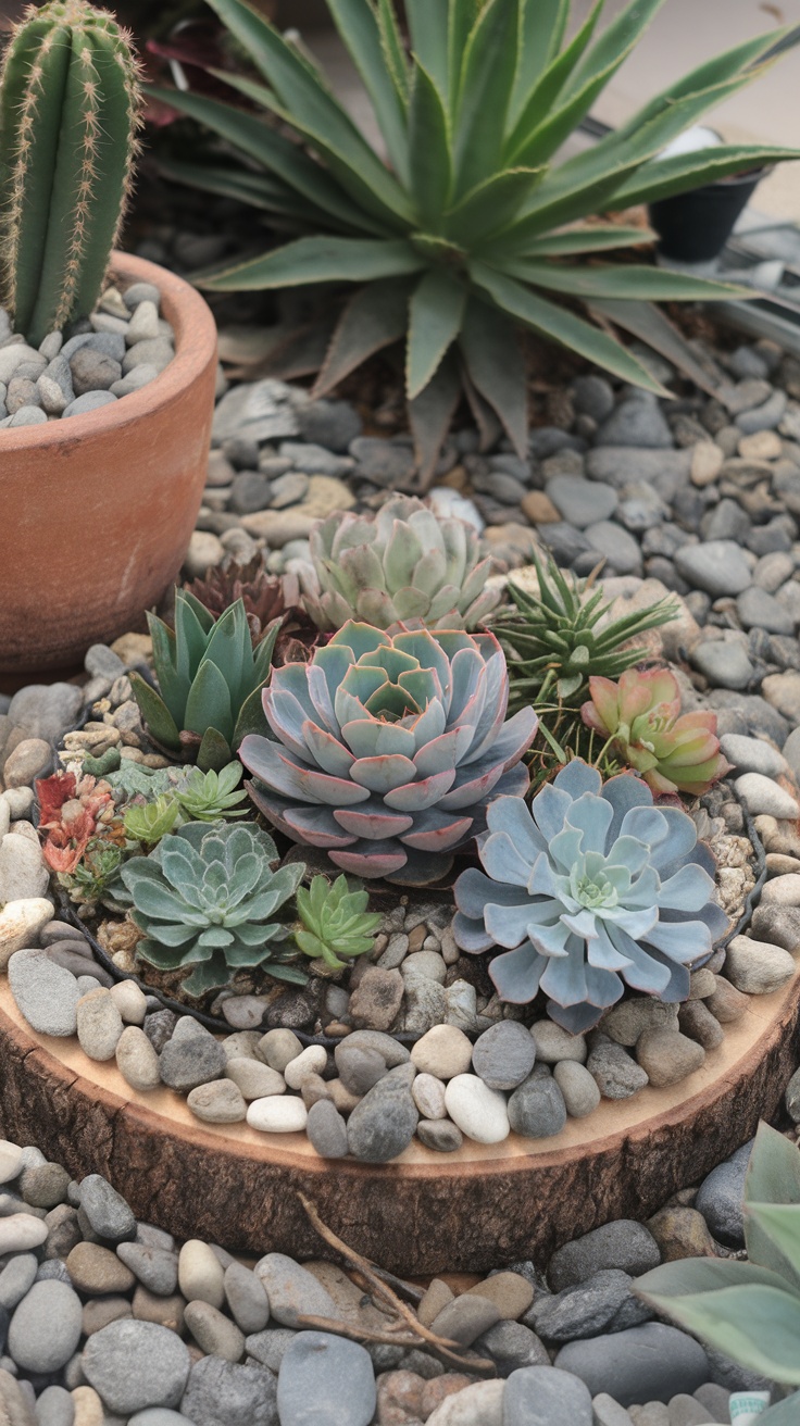 A variety of succulents arranged on a wooden slice surrounded by river rocks.