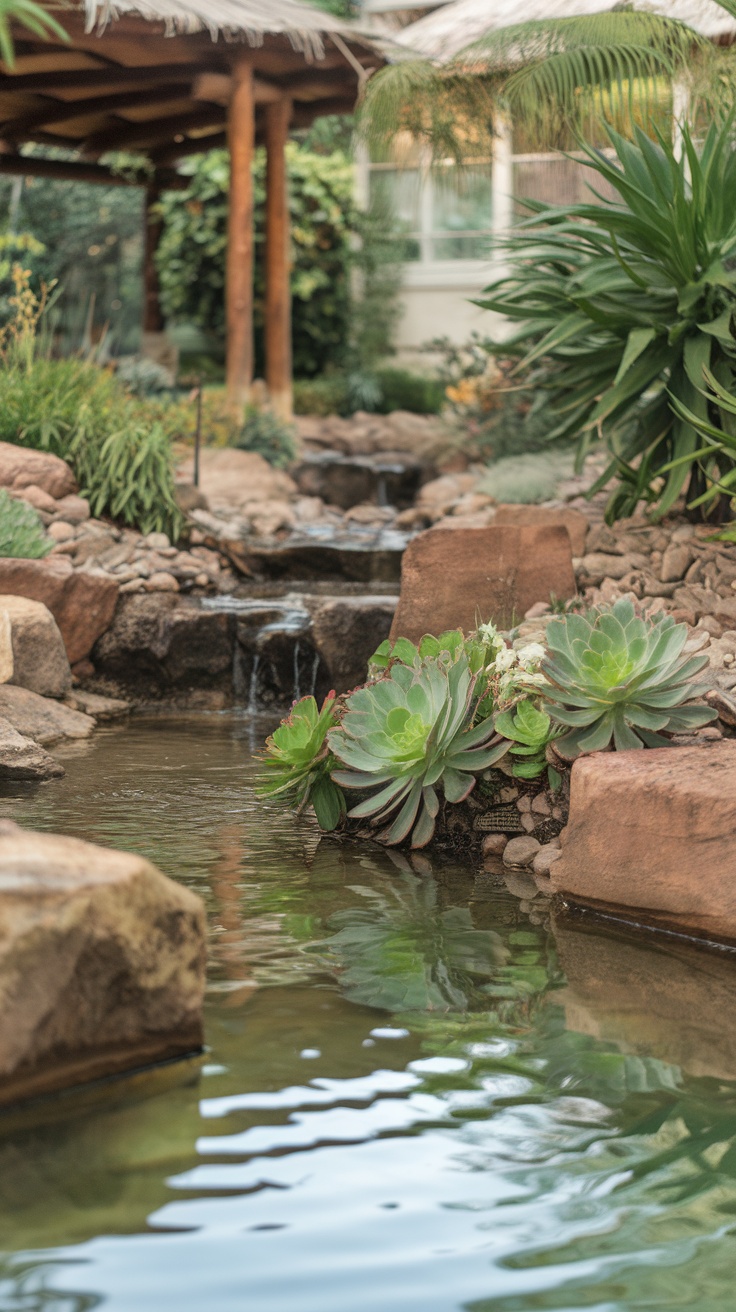 A serene waterside escape featuring rustic river rocks and vibrant succulents by a small stream.