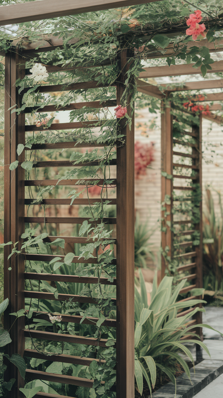 Wooden dividers in a garden with climbing vines and colorful flowers.