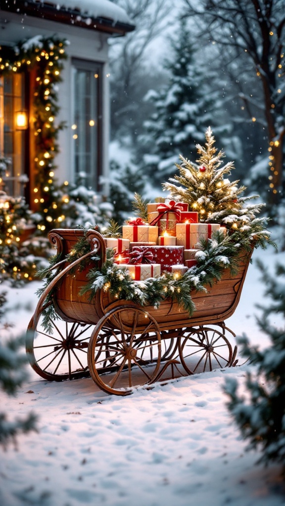 A beautifully decorated wooden sleigh filled with presents and a small Christmas tree, set in a snowy scene with twinkling lights.