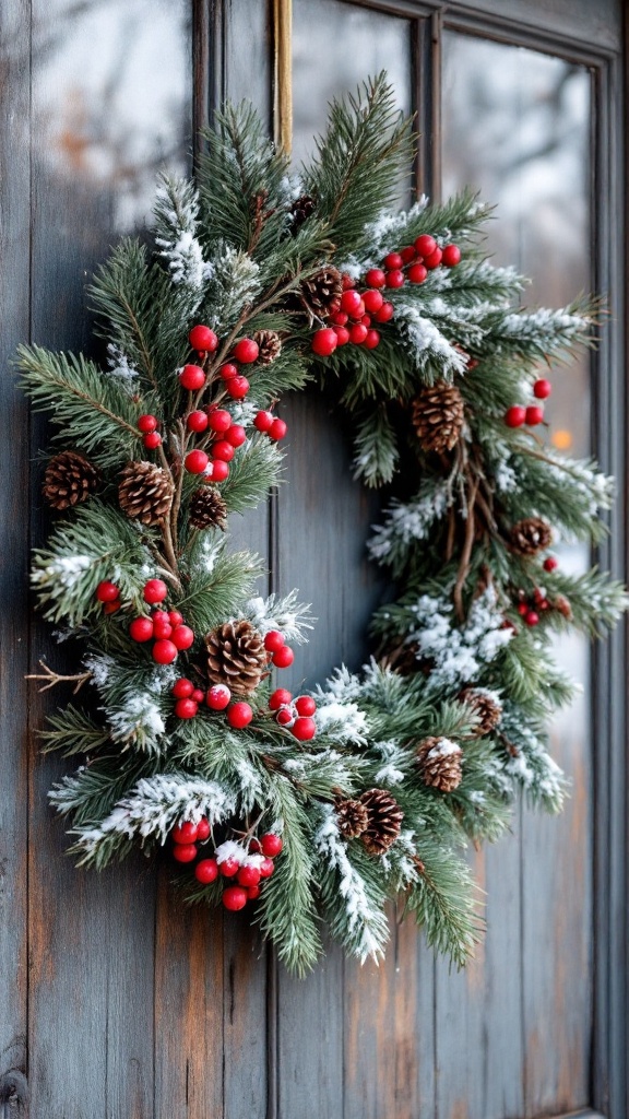 A beautiful wreath made of pine branches, red berries, and pinecones with a snowy touch.