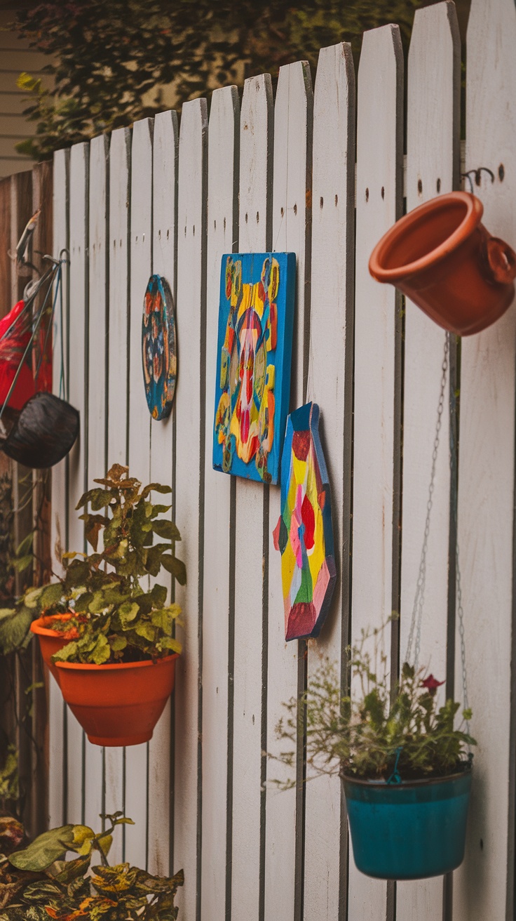 Colorful fence art displays with paintings and hanging pots