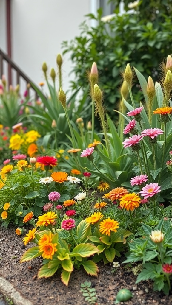 Colorful flowers and plants in a cottage garden setting, showcasing a mix of vibrant blooms and greenery.