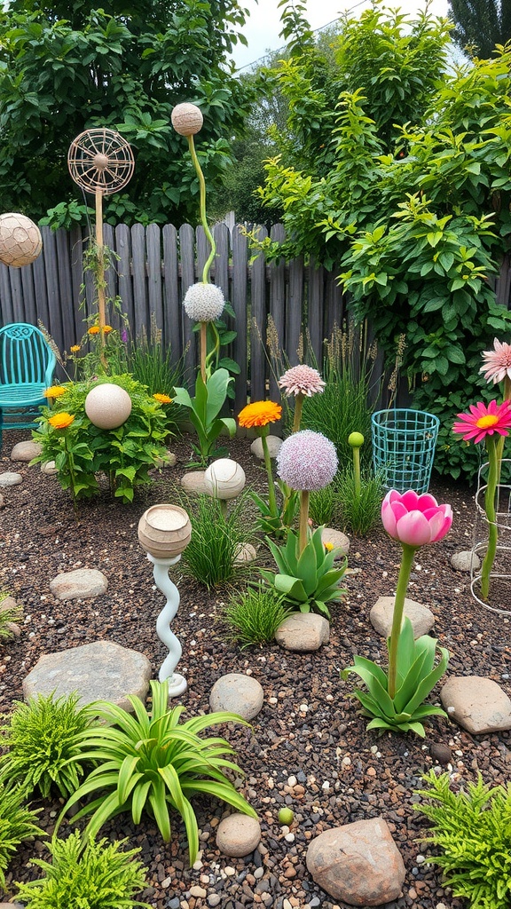 Cottage garden featuring colorful flowers and decorative recycled materials.