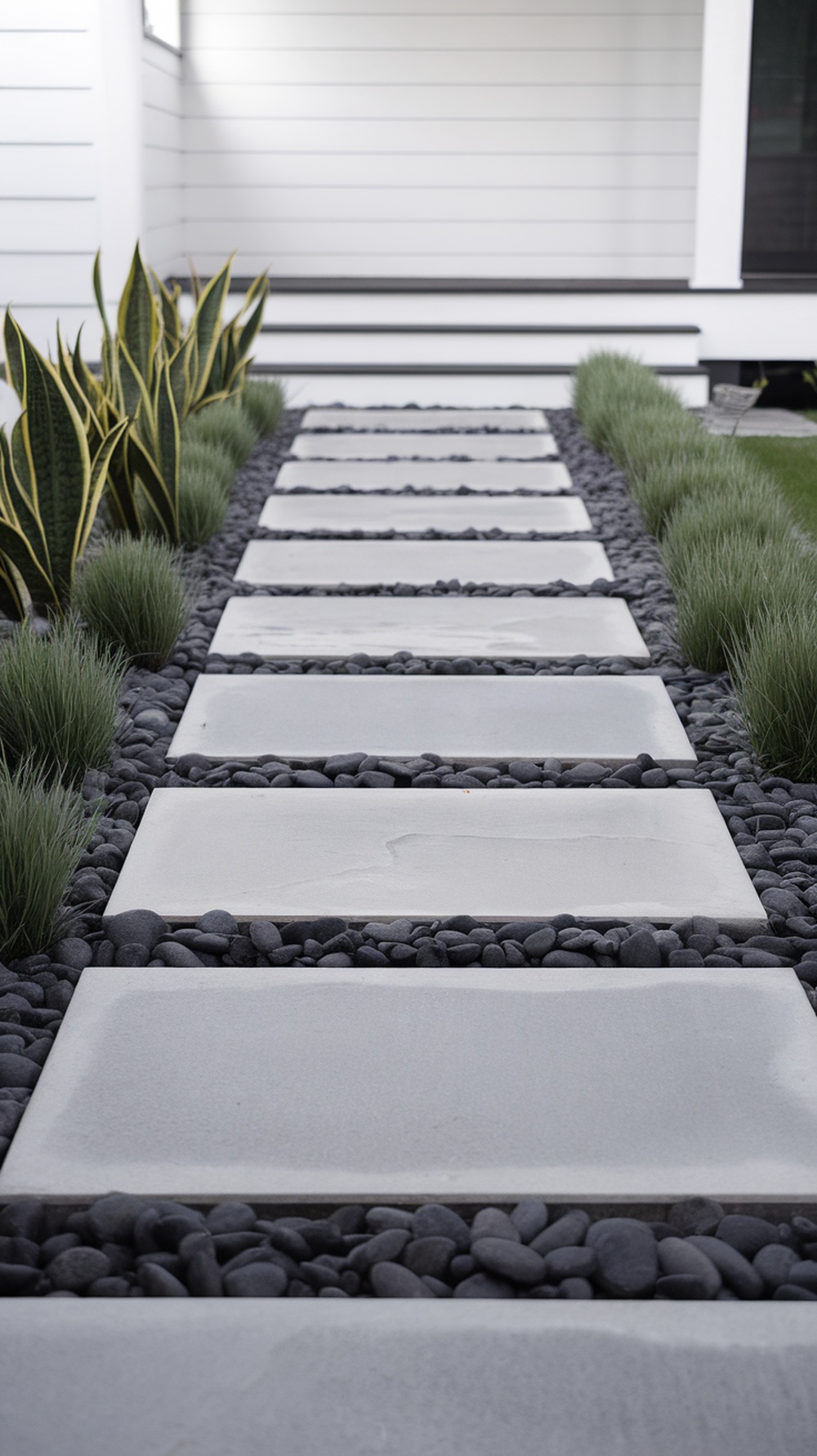 A modern garden walkway with rectangular stone pavers surrounded by black pebbles and low greenery.