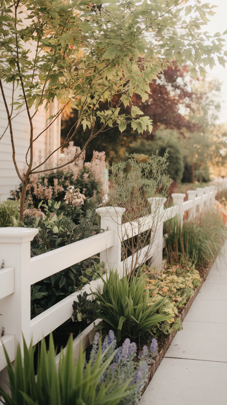 A charming white fence surrounded by vibrant plants and flowers.