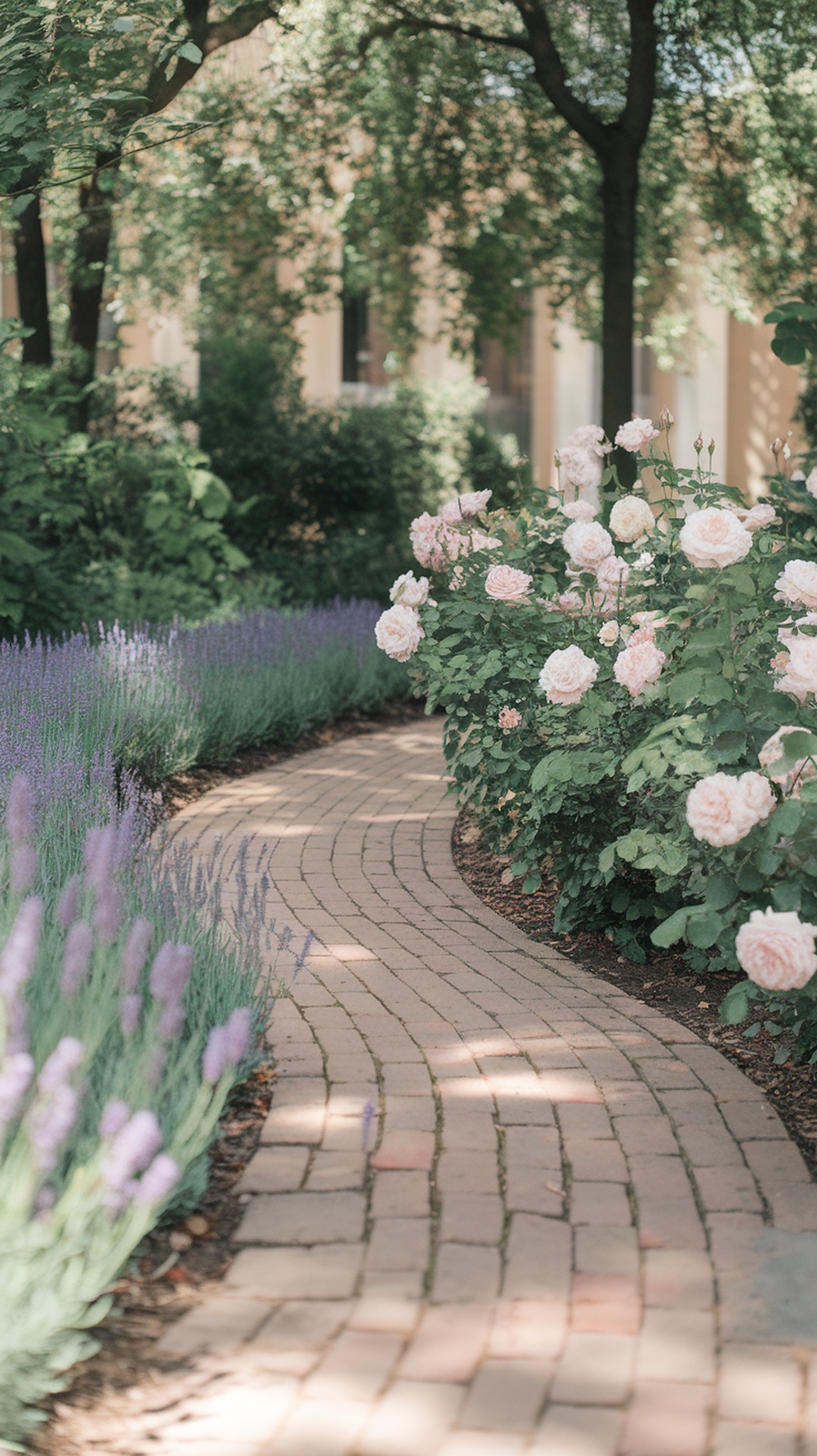 A beautiful curved brick path lined with blooming roses and lavender in a garden
