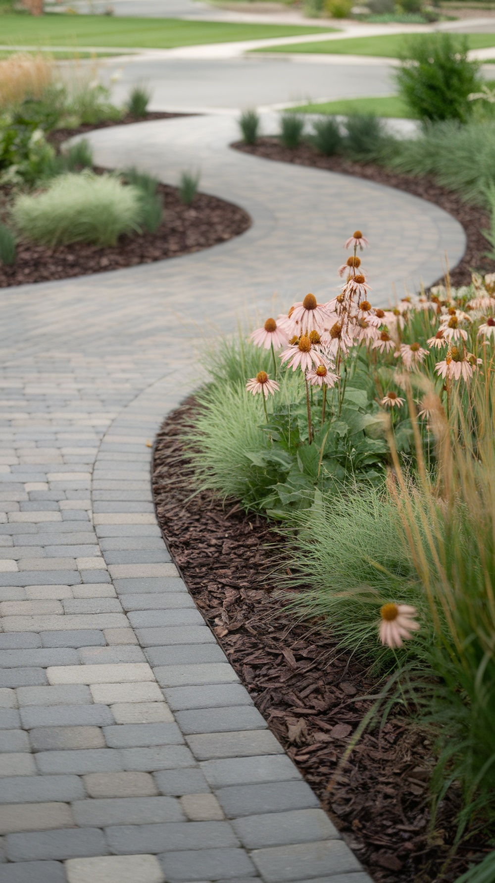 Curved paver walkway lined with flowers and grass, leading through a garden