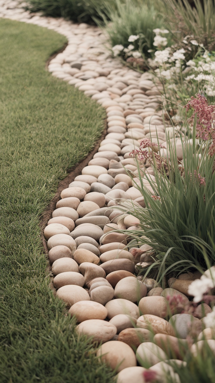 Curved stone edging with smooth pebbles outlining a garden bed