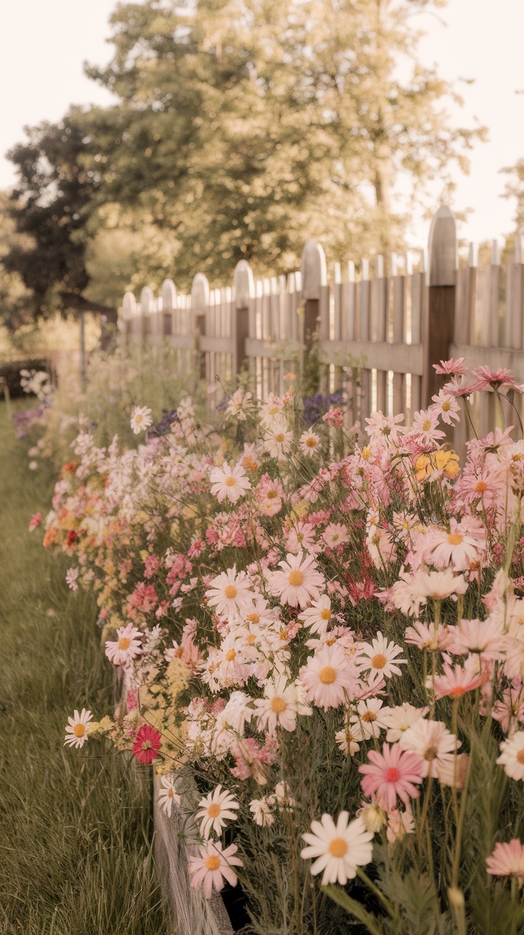 A colorful garden border filled with daisies and other flowers alongside a wooden fence.