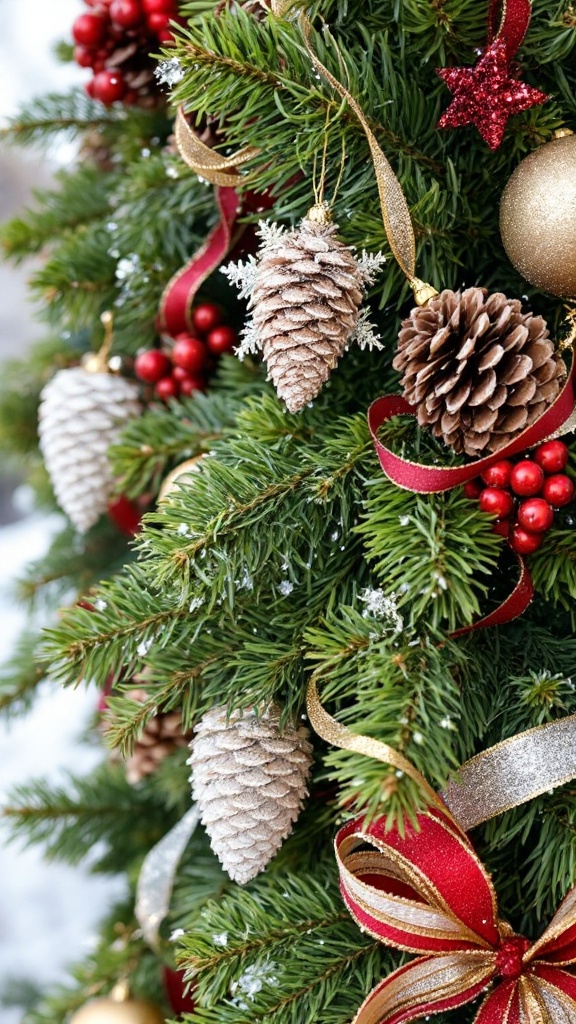 Close-up of decorated evergreen cones on a Christmas tree with ornaments and ribbons.