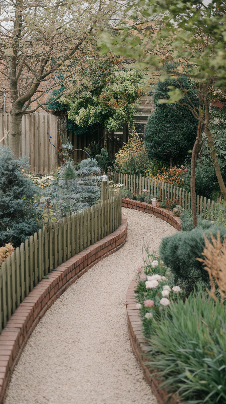 A winding gravel pathway bordered by a wooden fence and lush greenery.