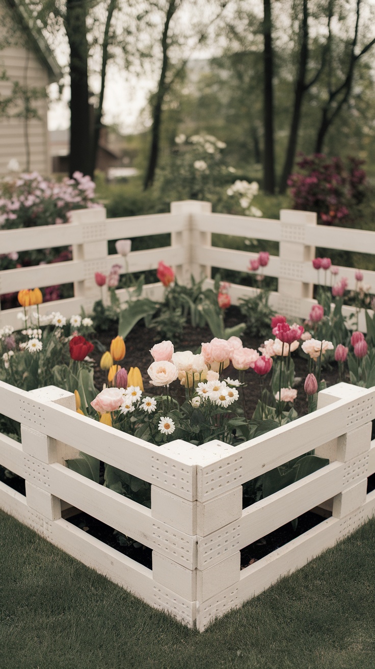 A decorative wooden pallet garden border filled with various colorful flowers.