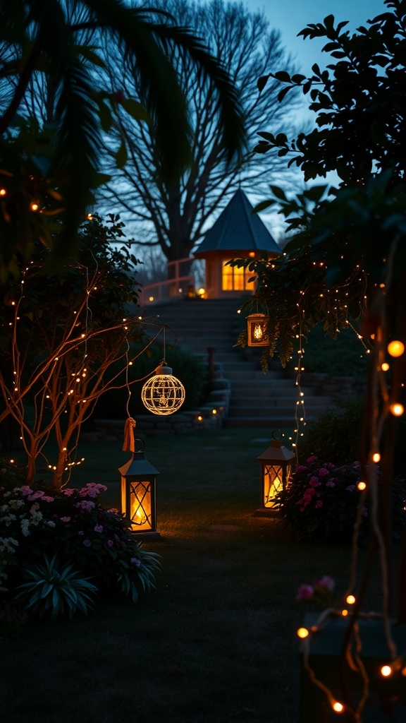 A beautifully lit garden with fairy lights and lanterns creating a warm atmosphere.