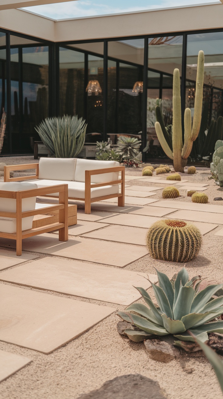 A minimalist desert-themed patio featuring wooden furniture, stone pavers, and various cacti and succulents.