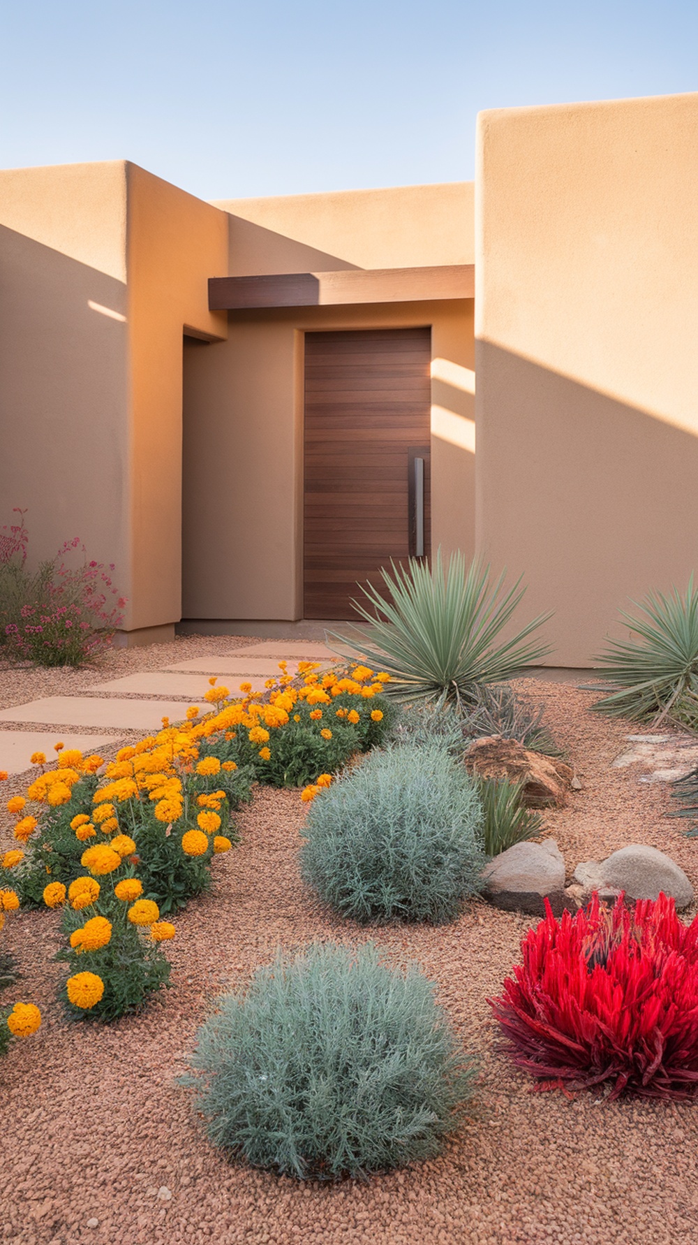 A desert landscape featuring vibrant marigolds, succulents, and a welcoming entrance.