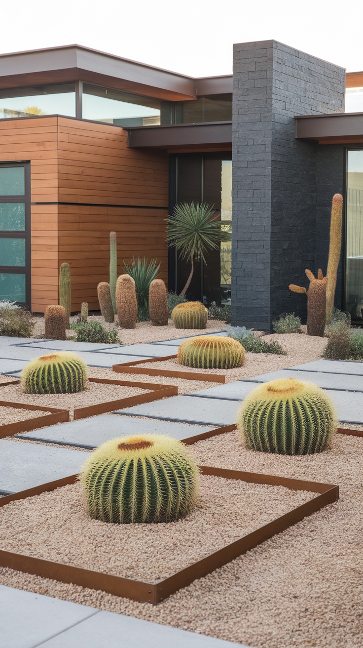 Modern desert front yard featuring cacti and succulents with a stylish layout.