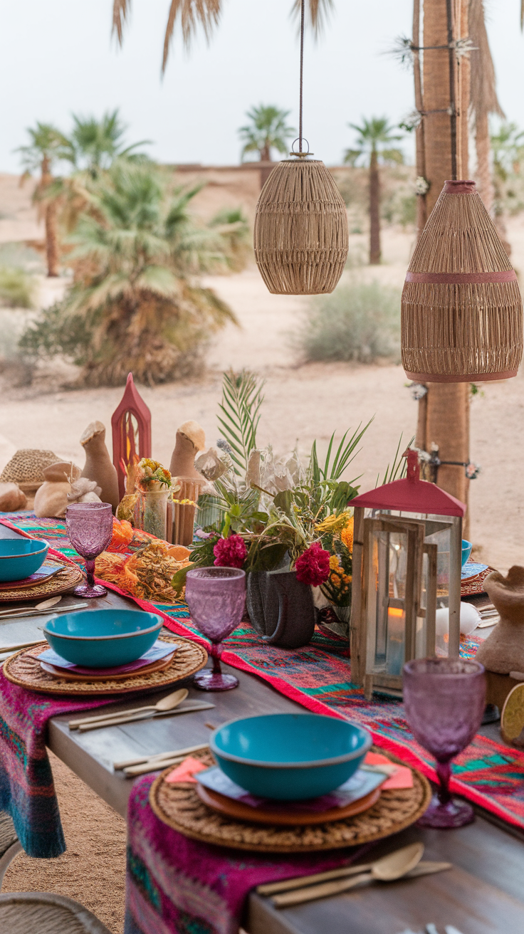 A beautifully set table in a desert oasis, featuring colorful textiles, bowls, and natural decorations.